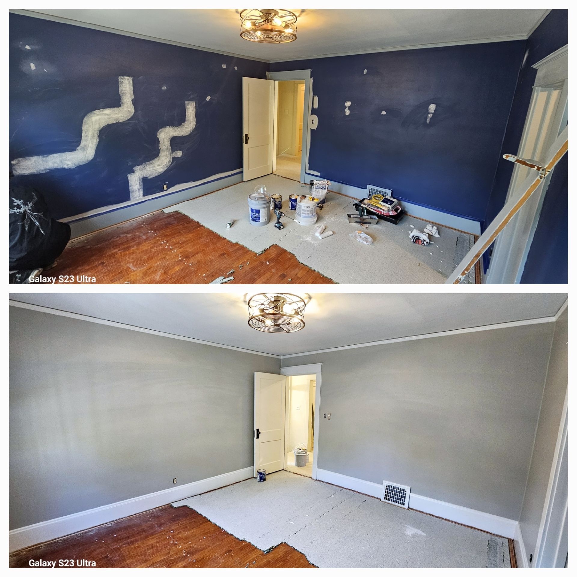 A before and after photo of a room being painted