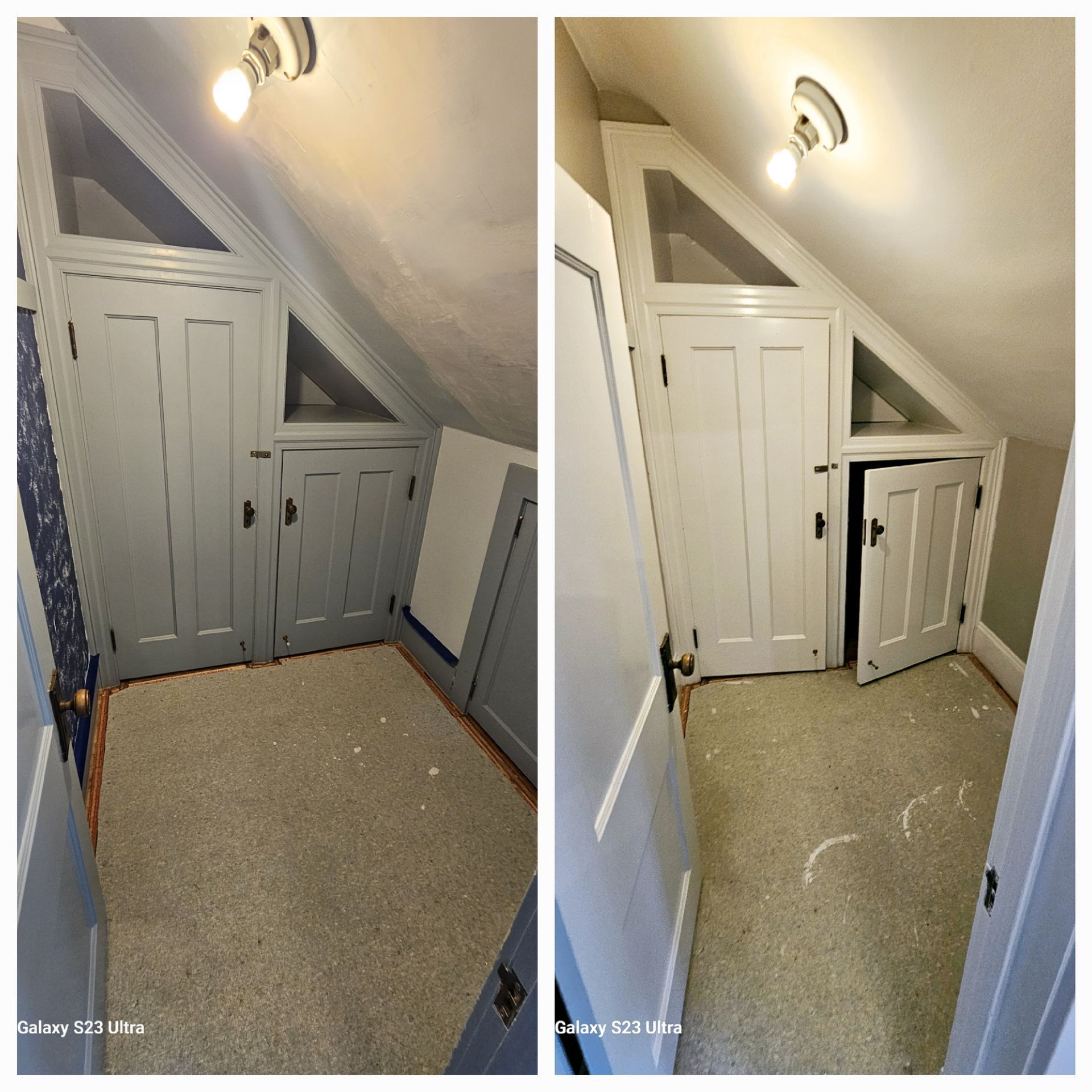 Two pictures of a room with a slanted ceiling