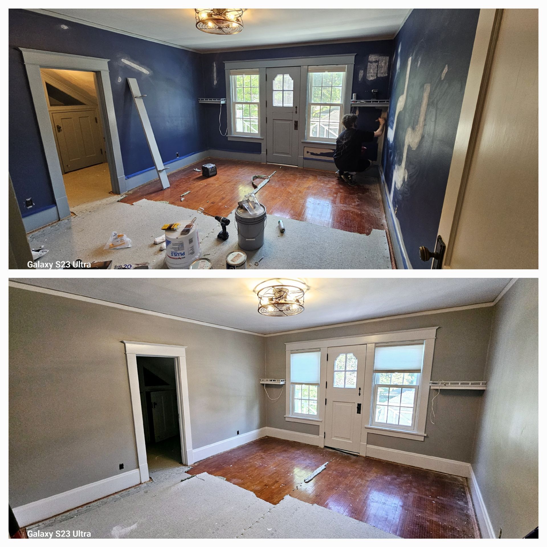 A before and after photo of a room being painted