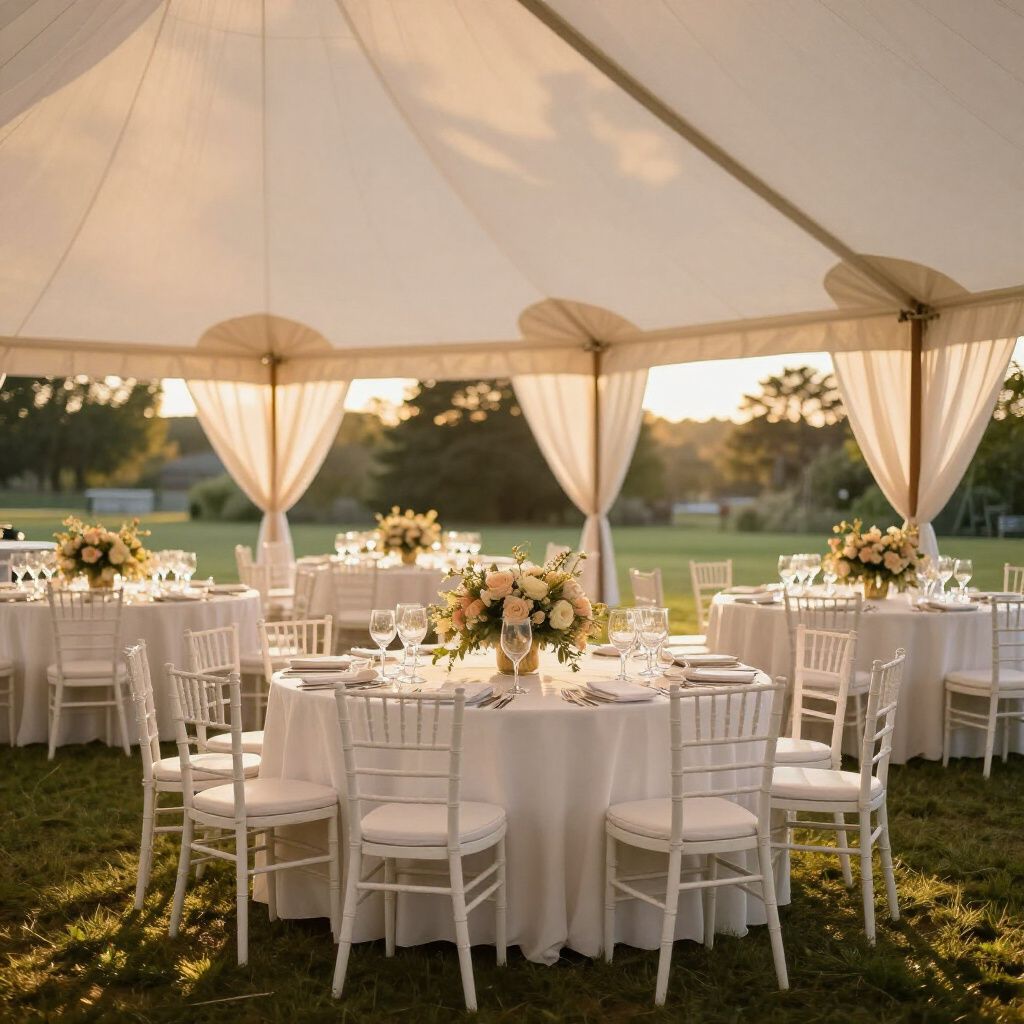 Outdoor event setup with tables and chairs under a tent for a formal event
