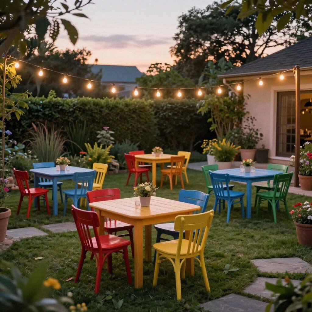 Backyard event setup with rental tables and chairs for a small gathering