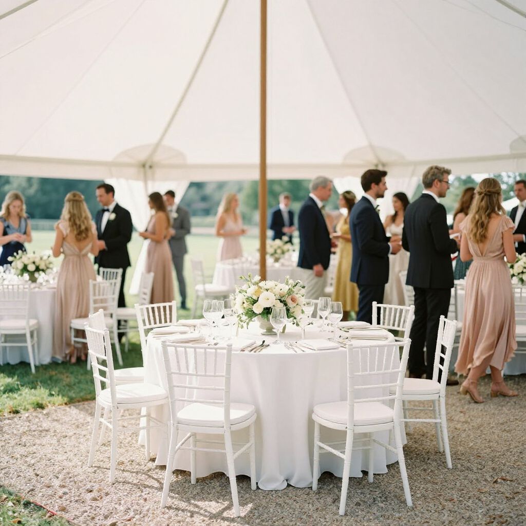 Wedding guests gathered under a tent with tables and chairs set up for an event