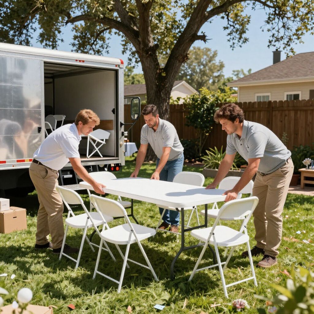 Event rental team setting up tables and chairs from a delivery trailer