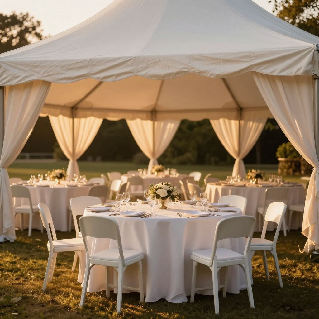 Outdoor wedding reception under a white event tent with table and chair rentals