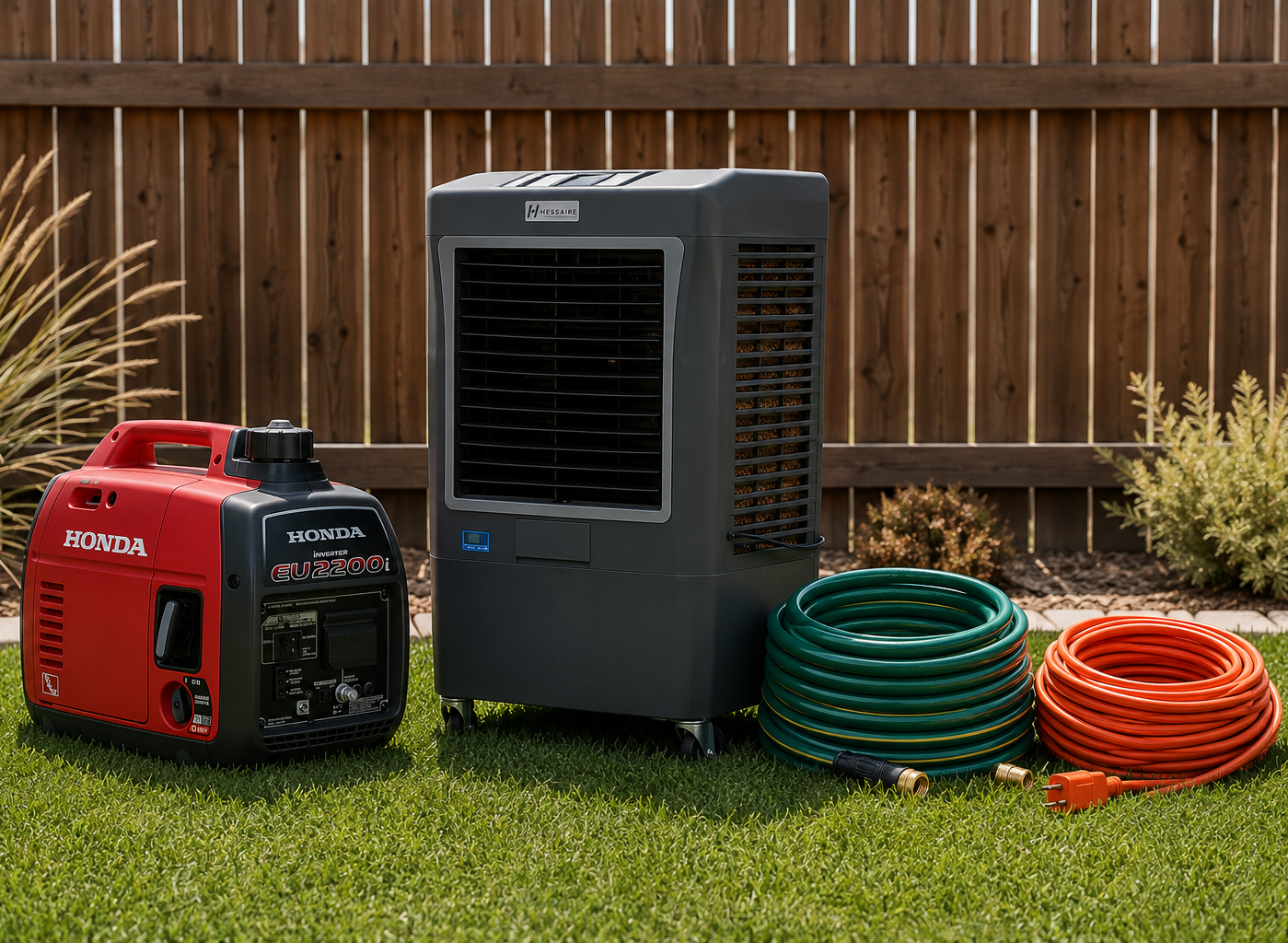 Honda generator, evaporative cooler, garden hose, and extension cord available as event rental add-ons in Logan Utah.