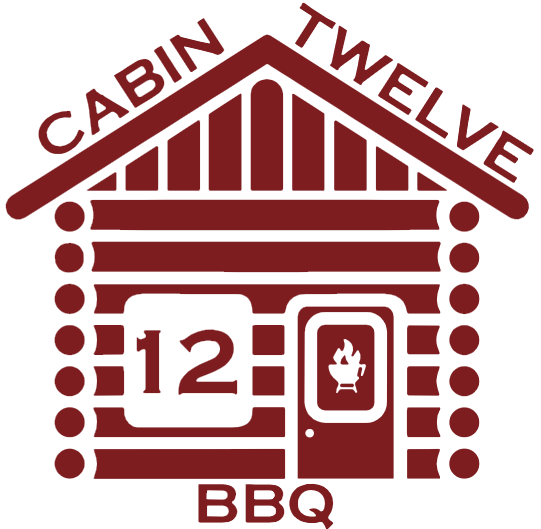 The logo for cabin twelve bbq shows a log cabin