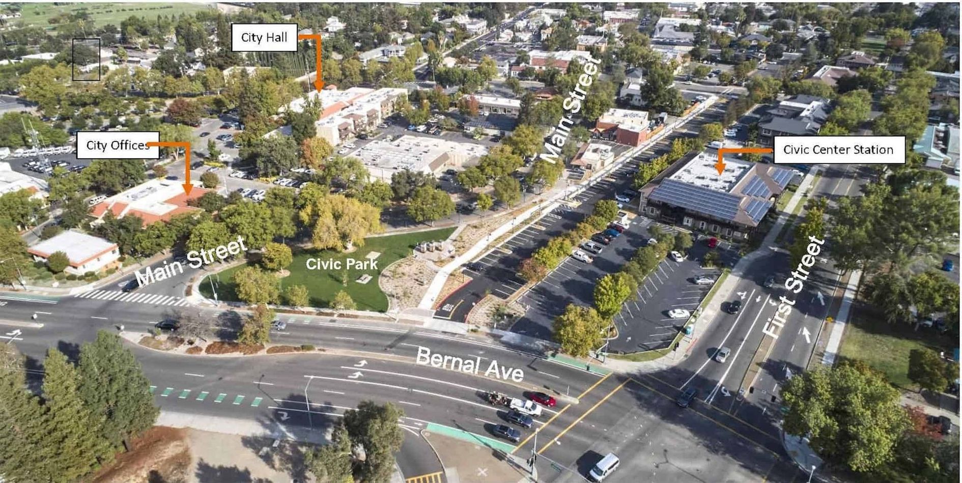 Aerial view of Bernal Ave in Pleasanton, CA, highlighting City Hall, City Offices, and the City Deluca Studios location.