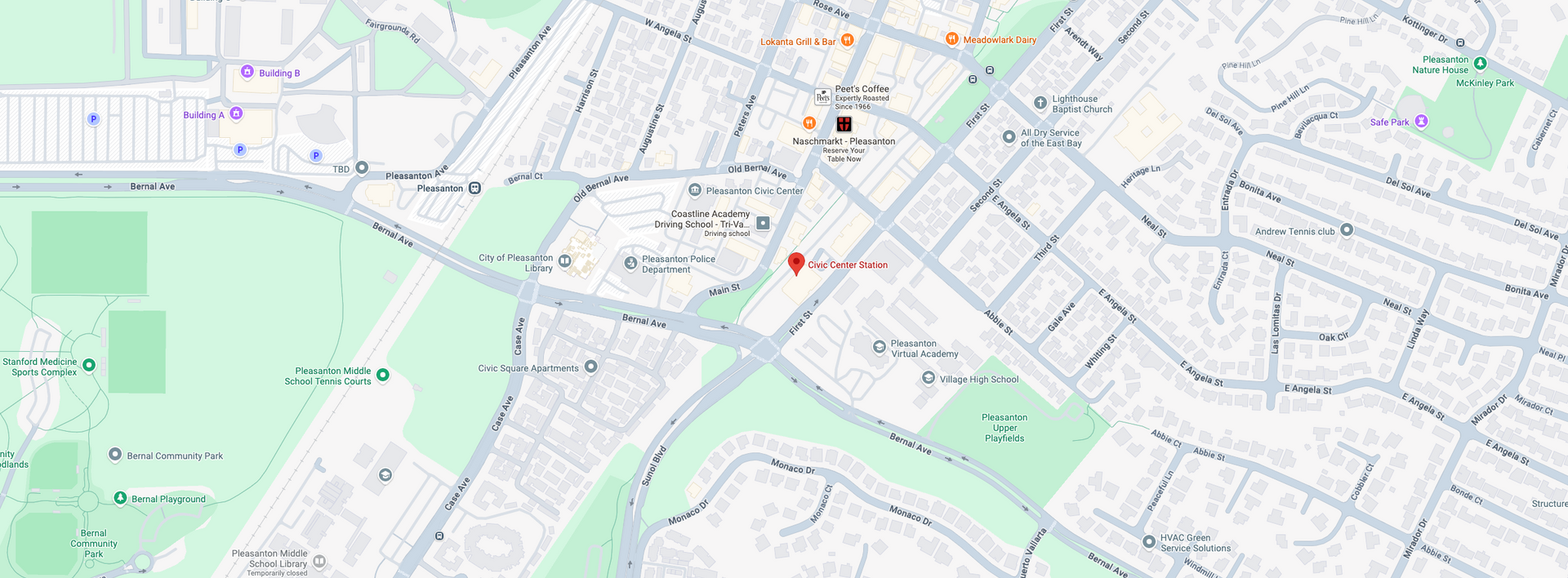 Map of Pleasanton showing location of Civic Center Station