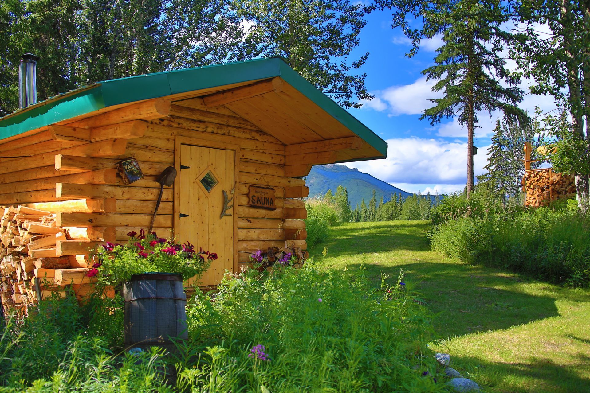 Wood fired creek side sauna at the Log Cabin Wilderness Lodge