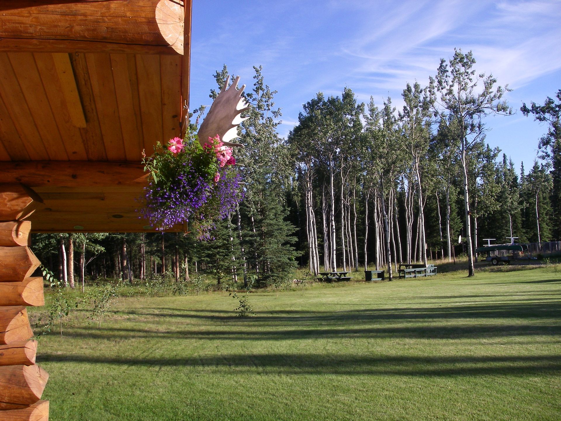 Log cabin with hanging flower basket overlooking a green lawn and trees.