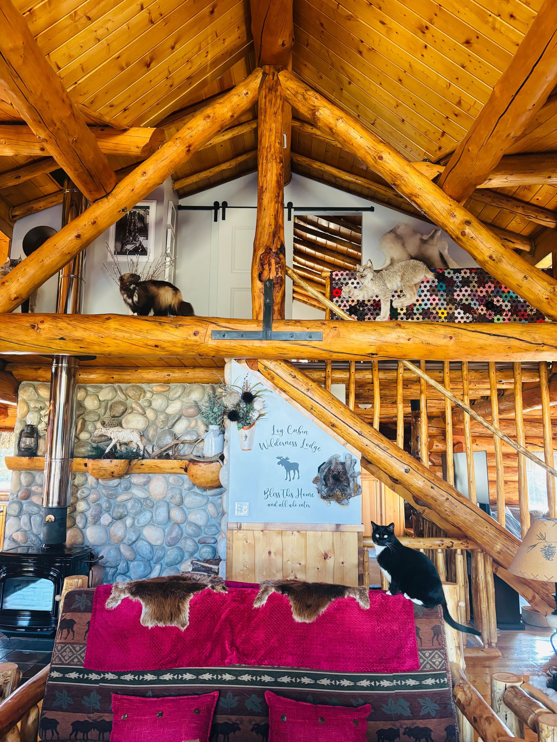 Great room and wildlife mounts at the main lodge.