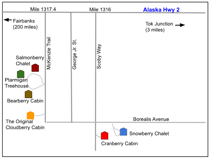 A map showing the location of the log cabin wilderness lodge