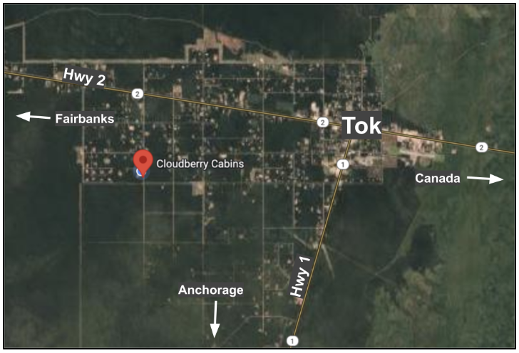 Satellite view of Tok, Alaska, with highways and Cloudberry Cabins marked.