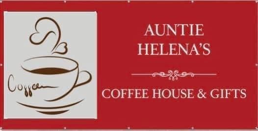 Auntie Helena's Coffee House & Gifts logo; coffee cup illustration, red background.