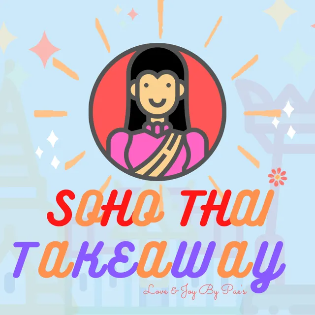 Logo for Soho Thai Takeaway, featuring a smiling cartoon Thai woman in a circle.