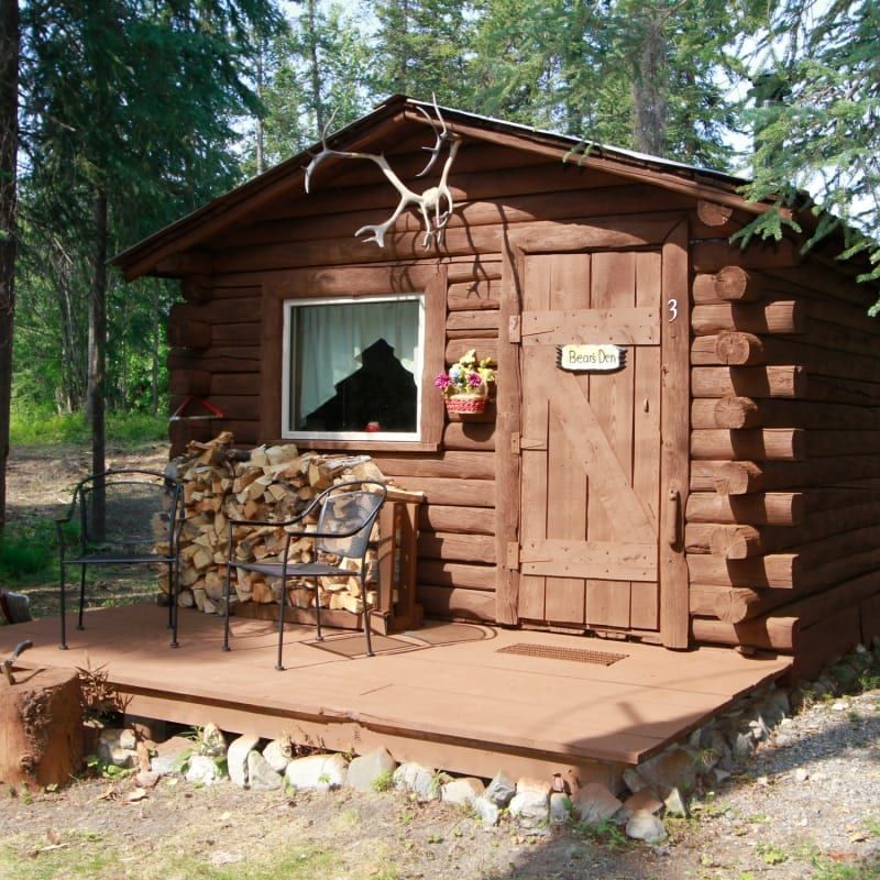 A small log cabin with the number 3 on the door