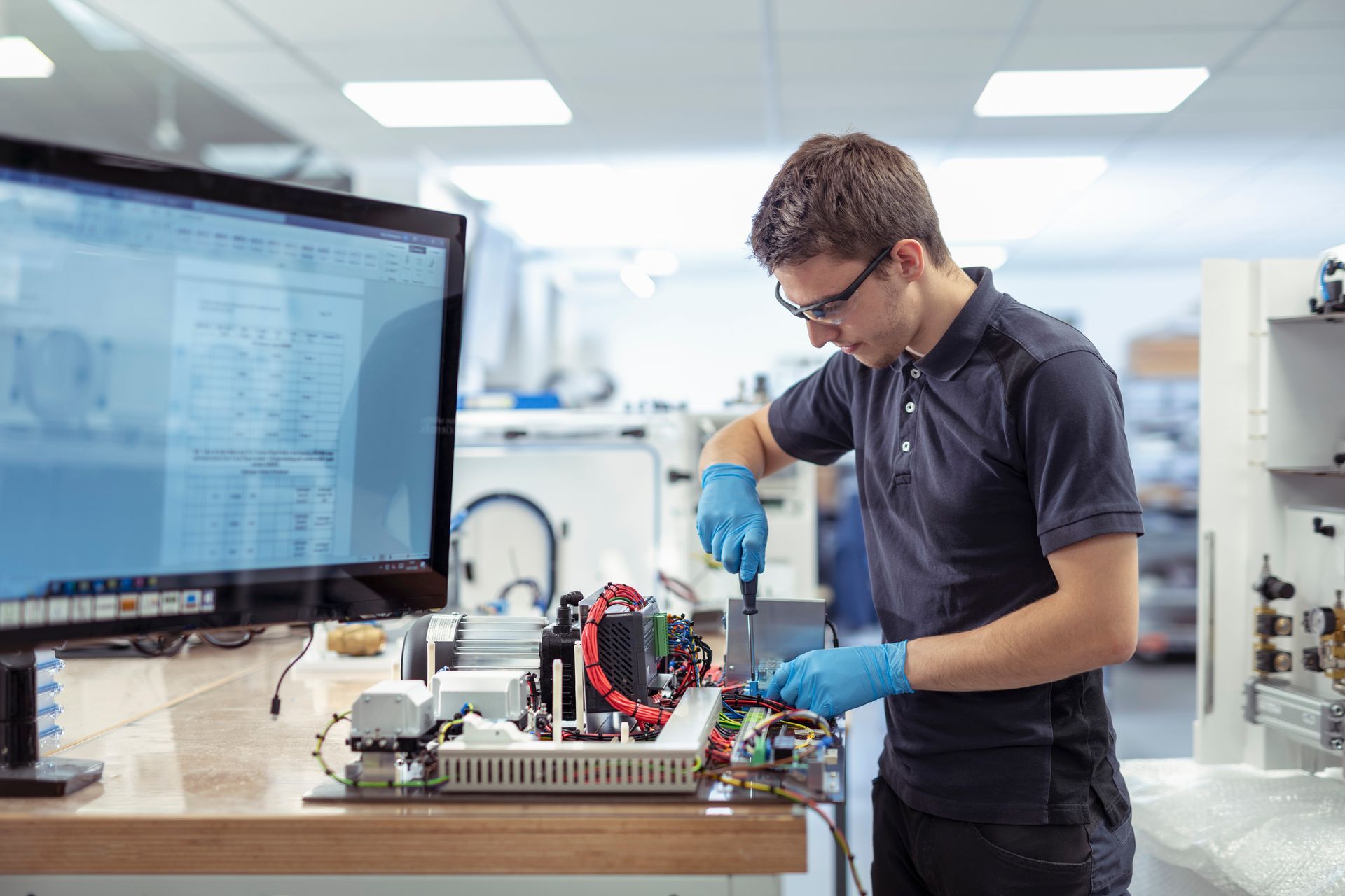 A man in a lab coat is working on a computer.
