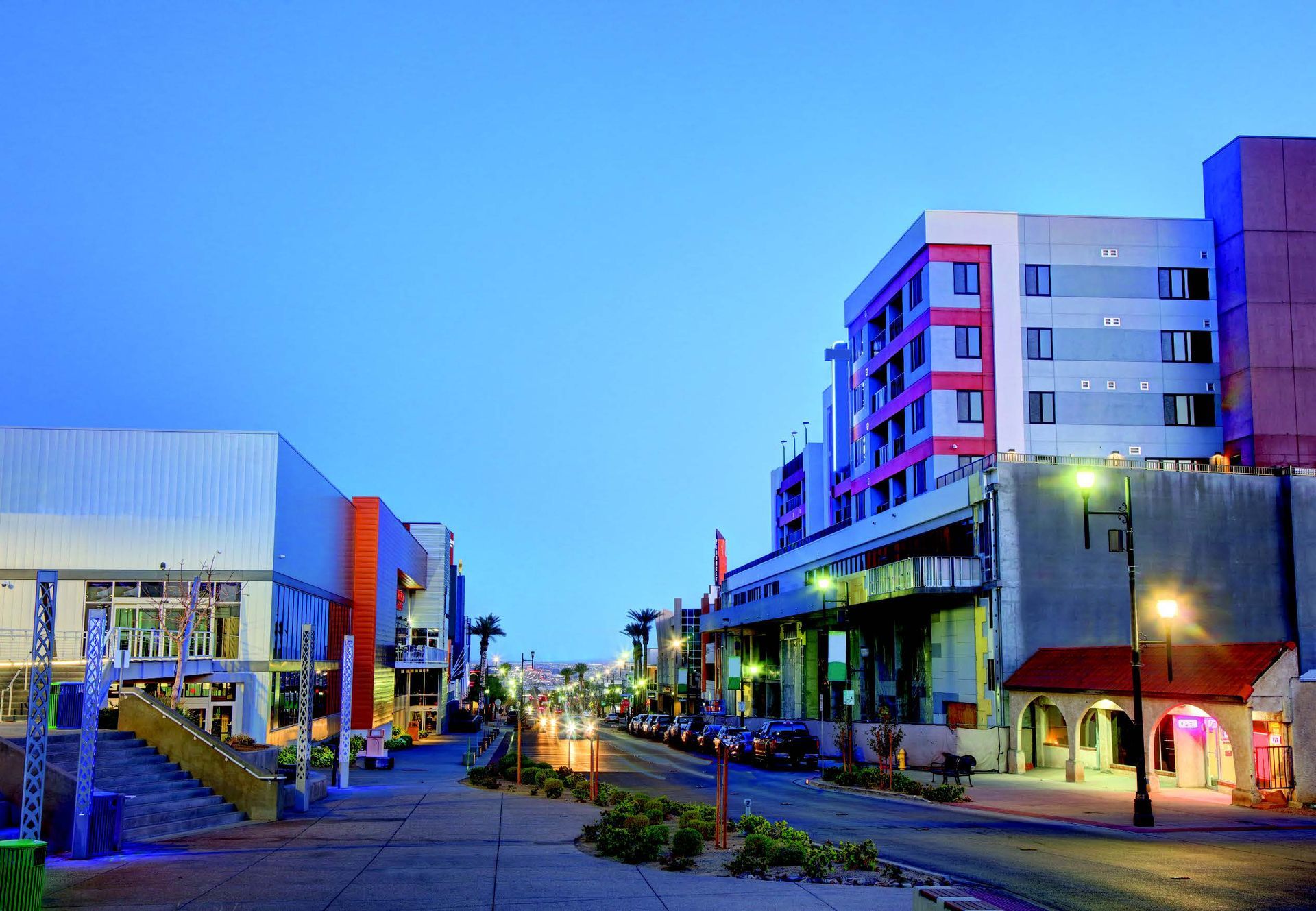 A row of buildings with a blue sky in the background. Water Street downtown Henderson, Nevada