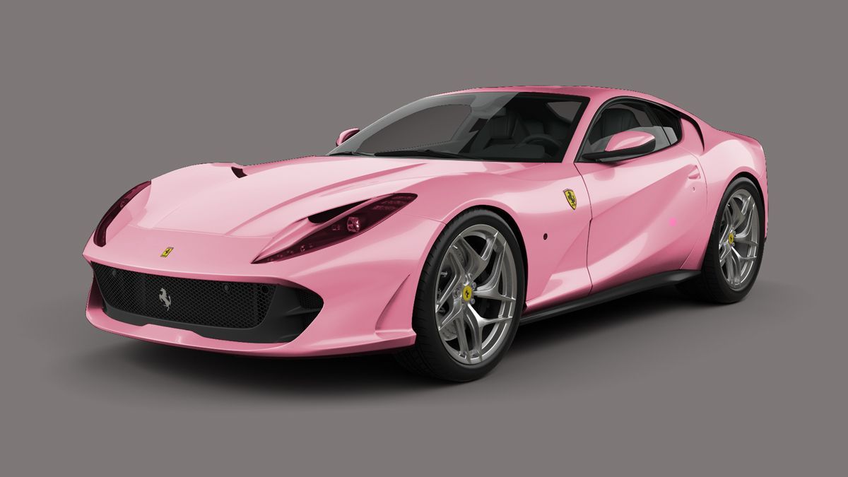 A pink ferrari is on a gray background.