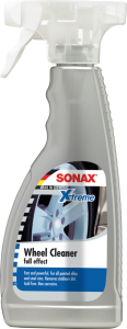 A bottle of sonax wheel cleaner on a white background