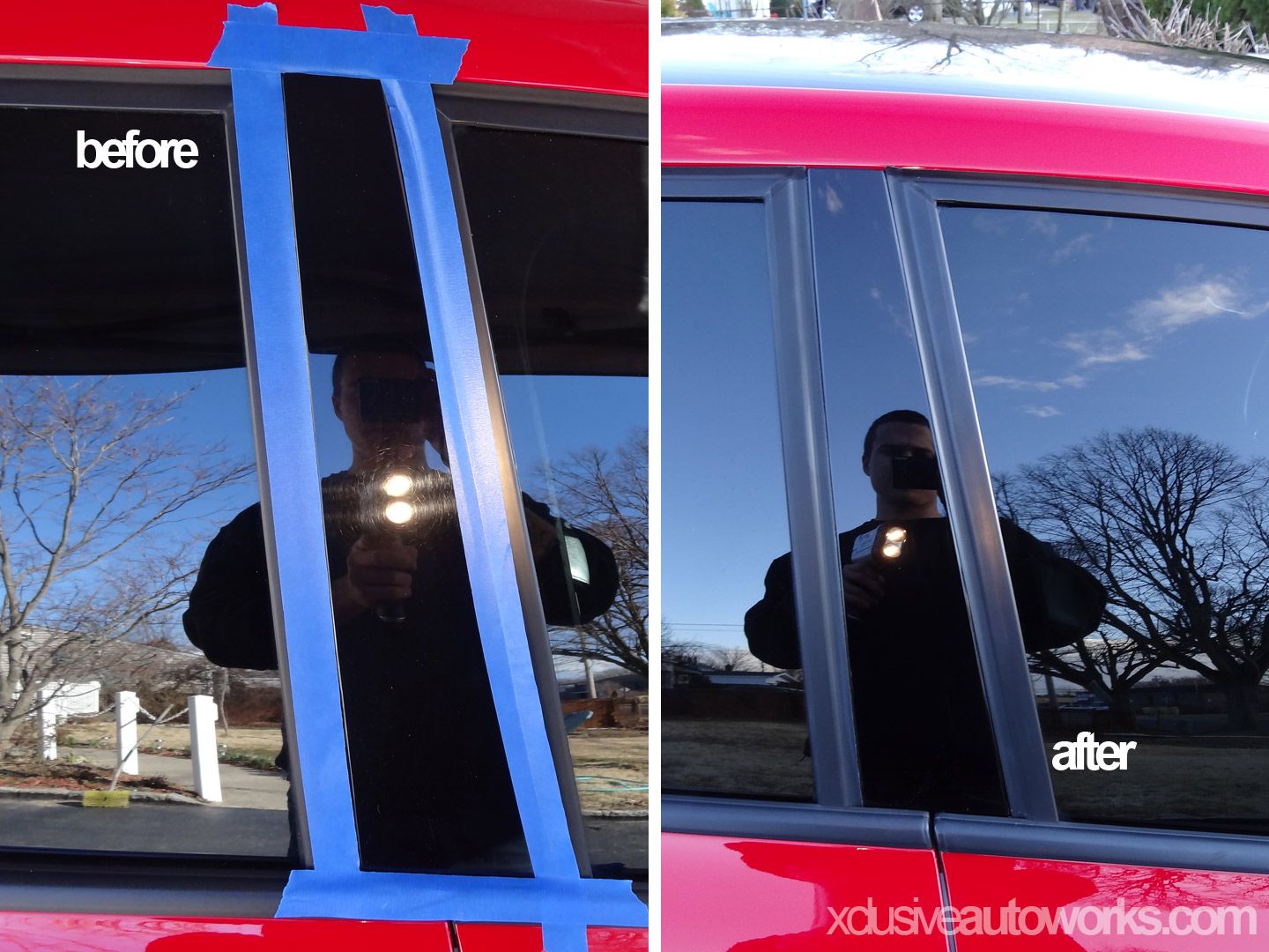 A before and after photo of a red car