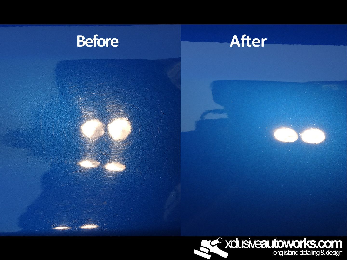 A before and after photo of a blue car