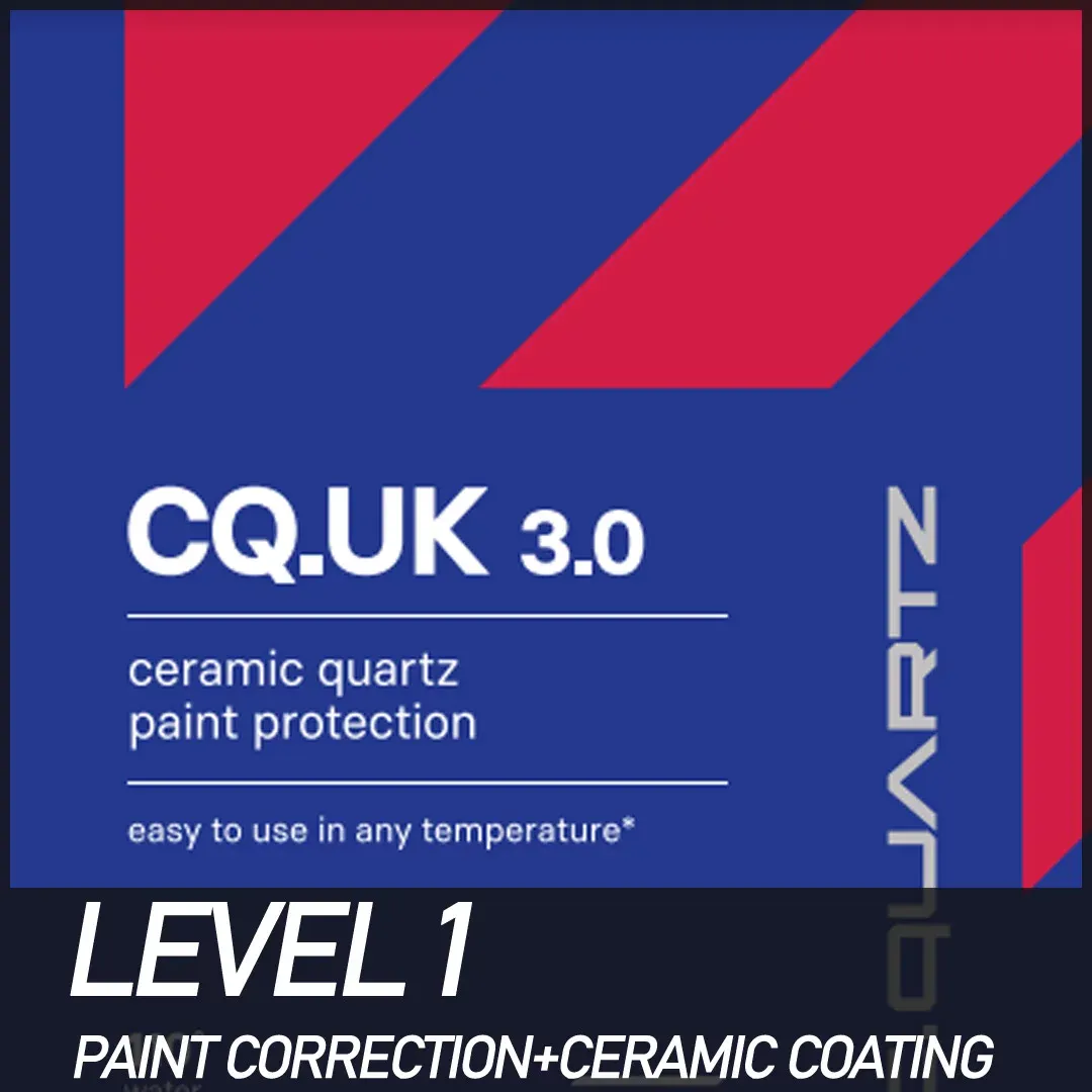 A blue and red sign that says cq.uk 3.0 level 1 paint correction + ceramic coating