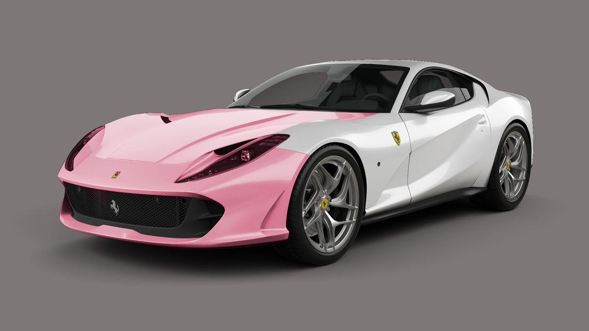 A pink and white ferrari on a gray background.