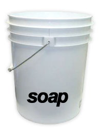 A white plastic bucket with the word soap on it.