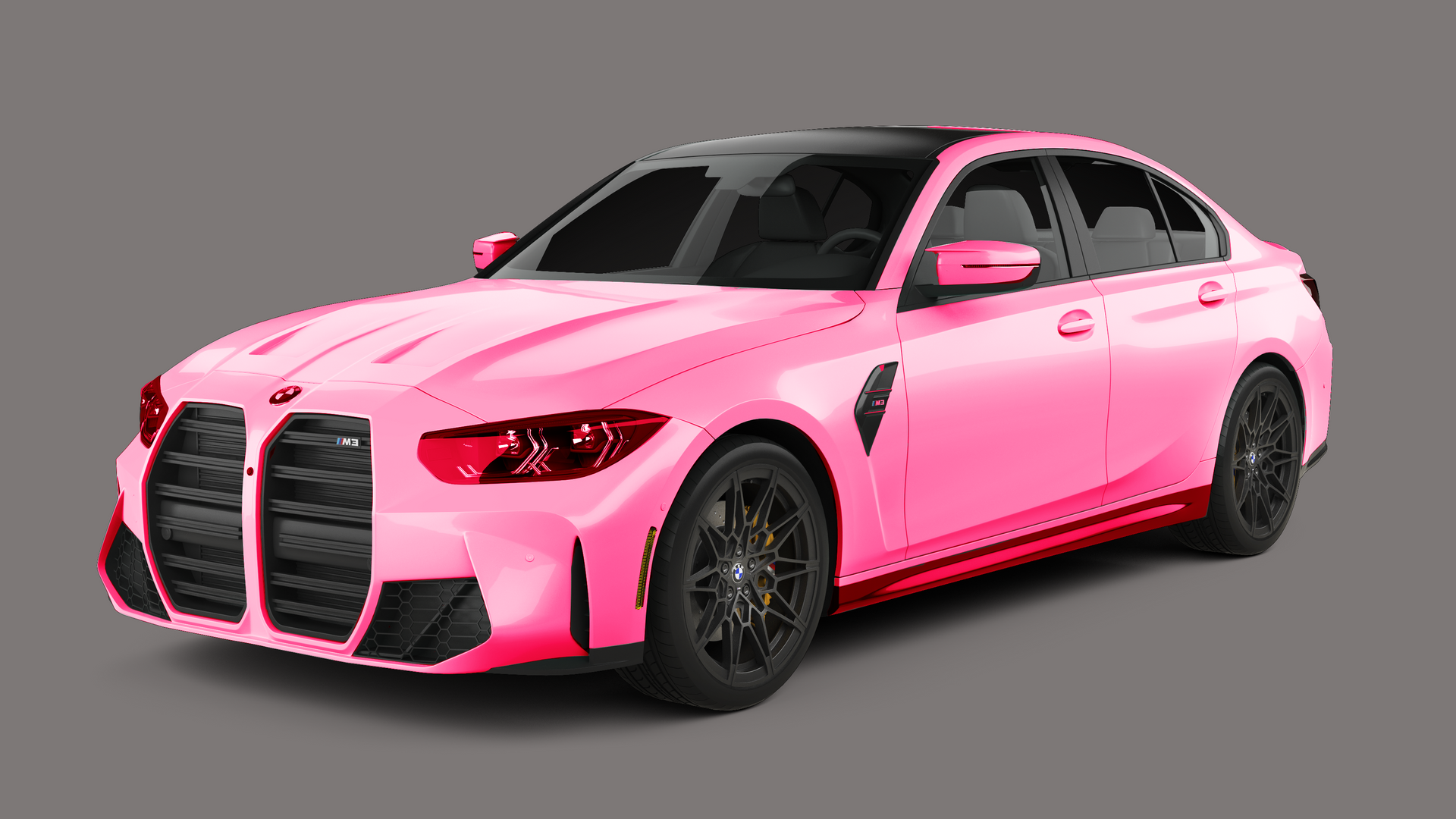Pink BMW M3 sedan with black accents.