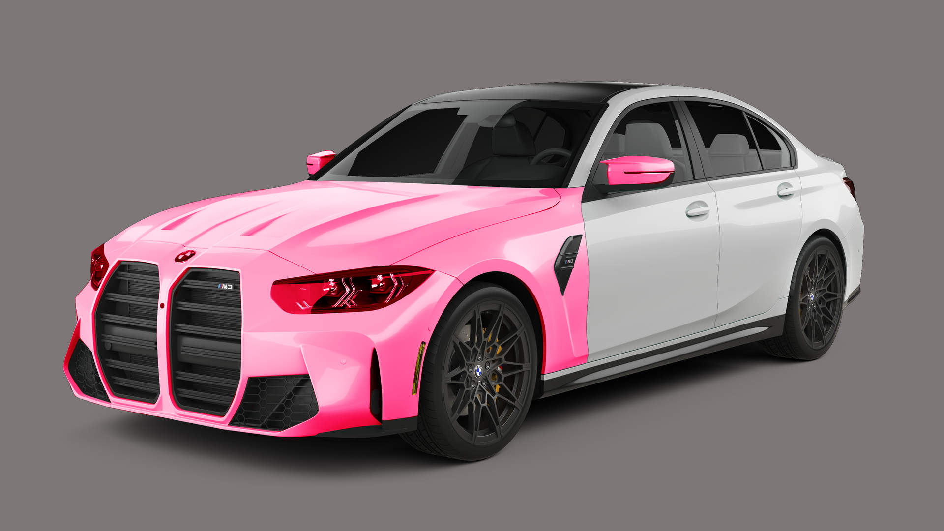 Pink and white BMW M3 sedan on a gray background.