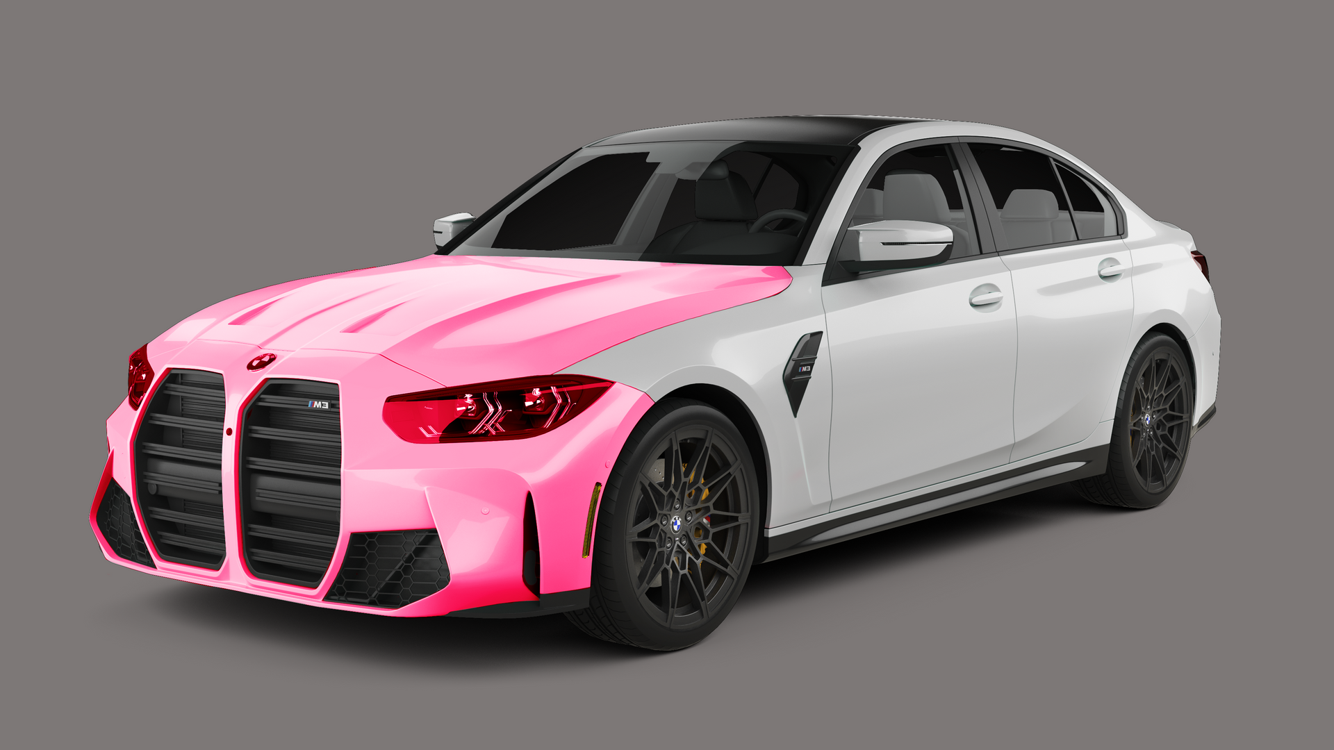 White BMW sedan with a pink front end, black wheels, and a dark roof.