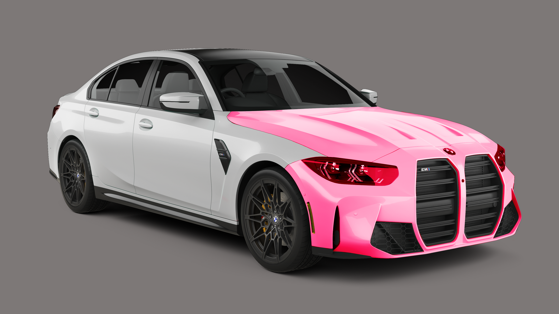 White BMW sedan with a pink front end, black wheels, and a dark roof.