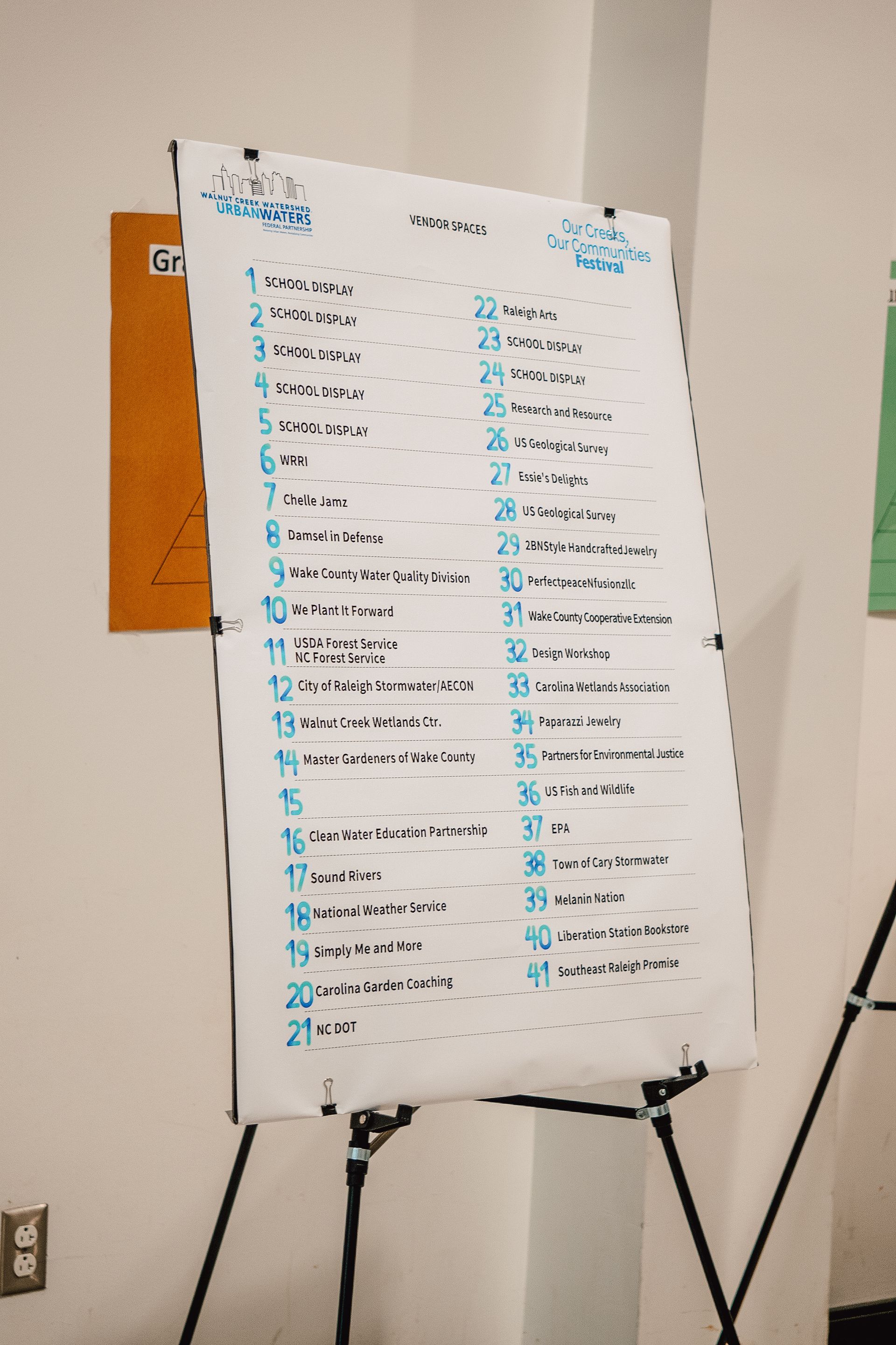 A white board with blue writing on it is sitting on an easel.