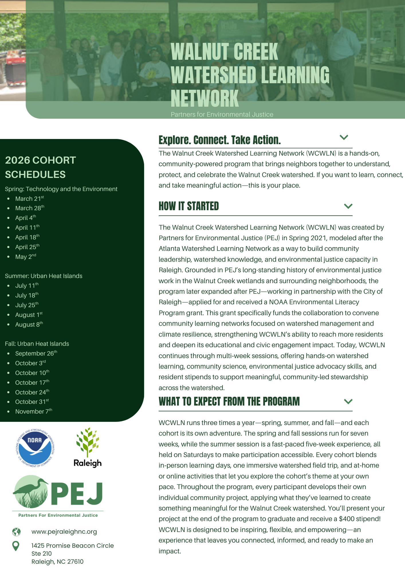 Image showing three logos with text describing NOAA-funded community climate education activities: PEJ, Raleigh, and North Carolina's Climate Office.