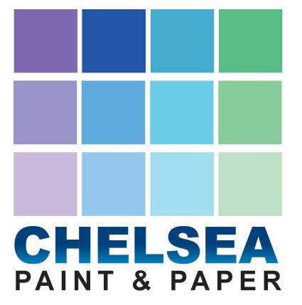 The logo for chelsea paint and paper is blue and purple.