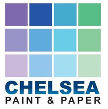 The logo for chelsea paint and paper is blue and purple.