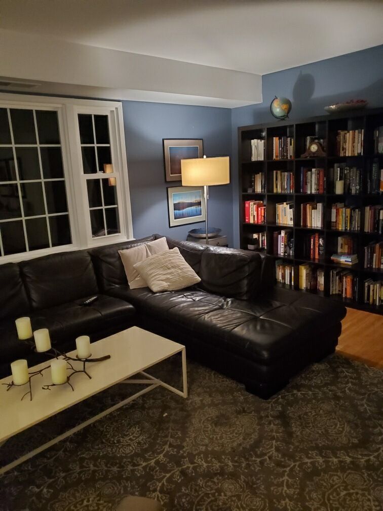 A living room with a couch a coffee table and bookshelves