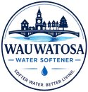 Wauwatosa Water Softener Logo with Circular Badge Emblem, Village Skyline, Bridge Graphic, Water Droplet, Tagline, and Company Name in Wauwatosa, WI
