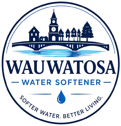 Wauwatosa Water Softener Logo with Circular Badge Emblem, Village Skyline, Bridge Graphic, Water Droplet, Tagline, and Company Name in Wauwatosa, WI