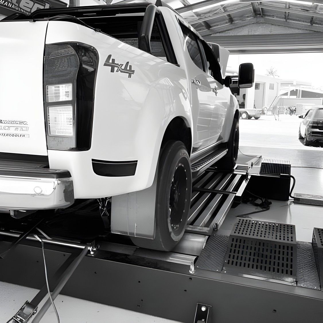 White Pickup Truck on a Dynamometer Inside a Workshop, Presumably Undergoing Testing. the Truck is Lifted Slightly by the Machine — Shannon's Auto Electrical in Garbutt, QLD