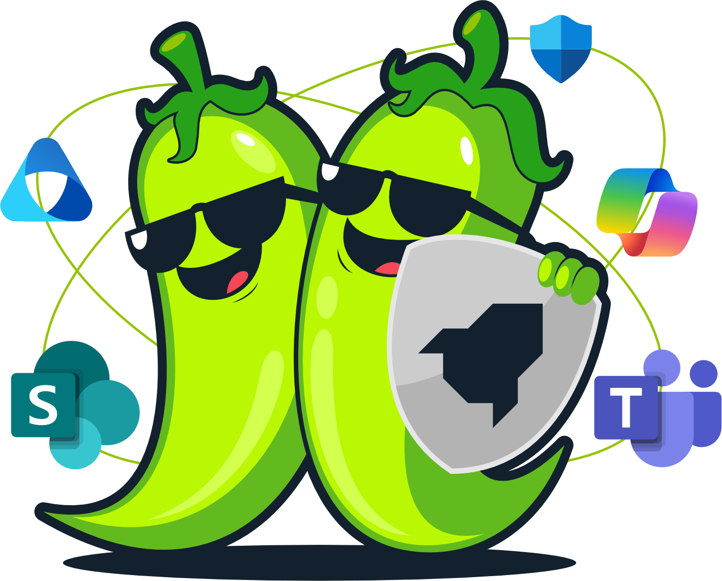 Two green pepper mascots wearing sunglasses, holding a shield, surrounded by Microsoft app logos.