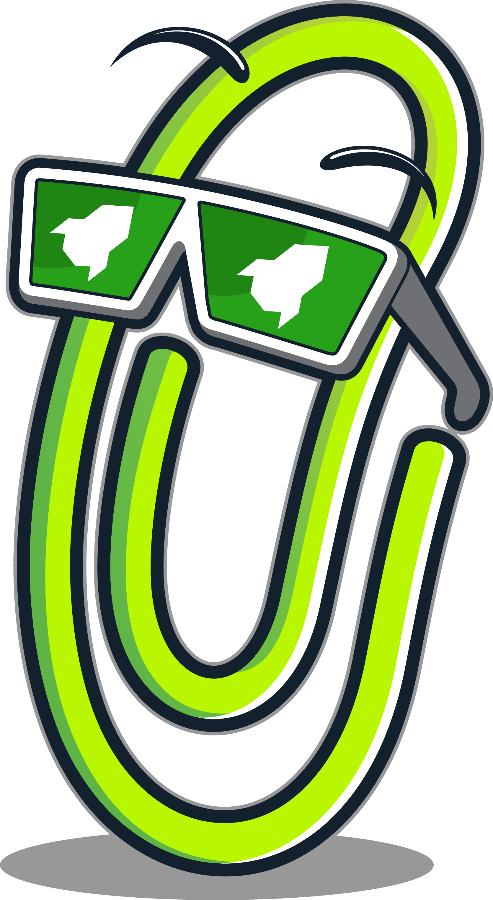 Green paperclip wearing sunglasses, smiling.