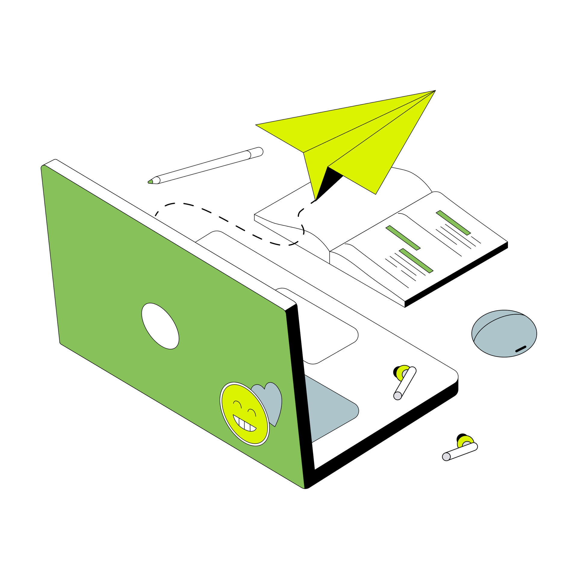 Green laptop with a paper airplane launching from an open document, a pen, and wireless earbuds.