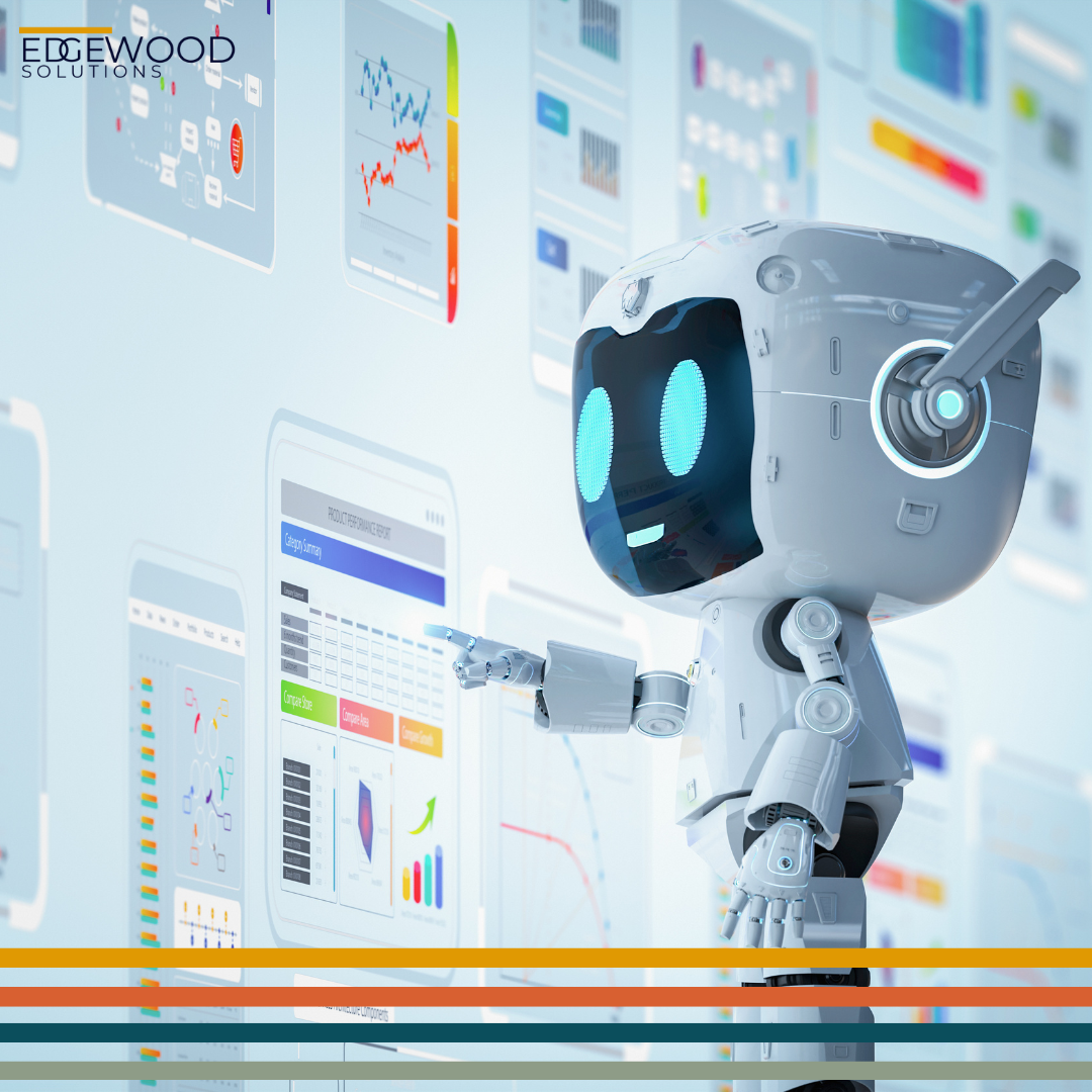 A friendly robot points to a mobile app display with charts and graphs, suggesting data analysis. 