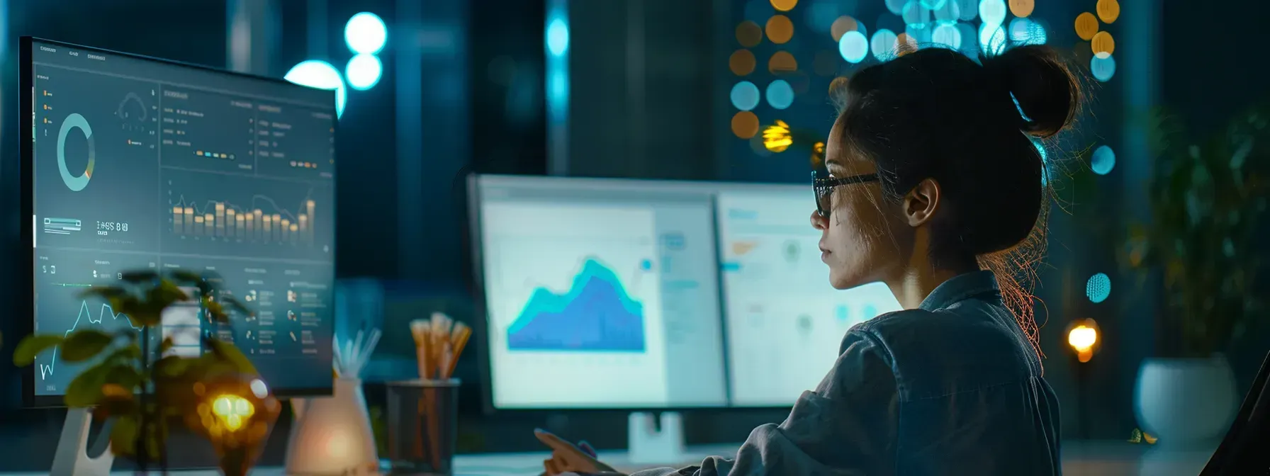 A woman is sitting at a desk in front of two computer monitors.