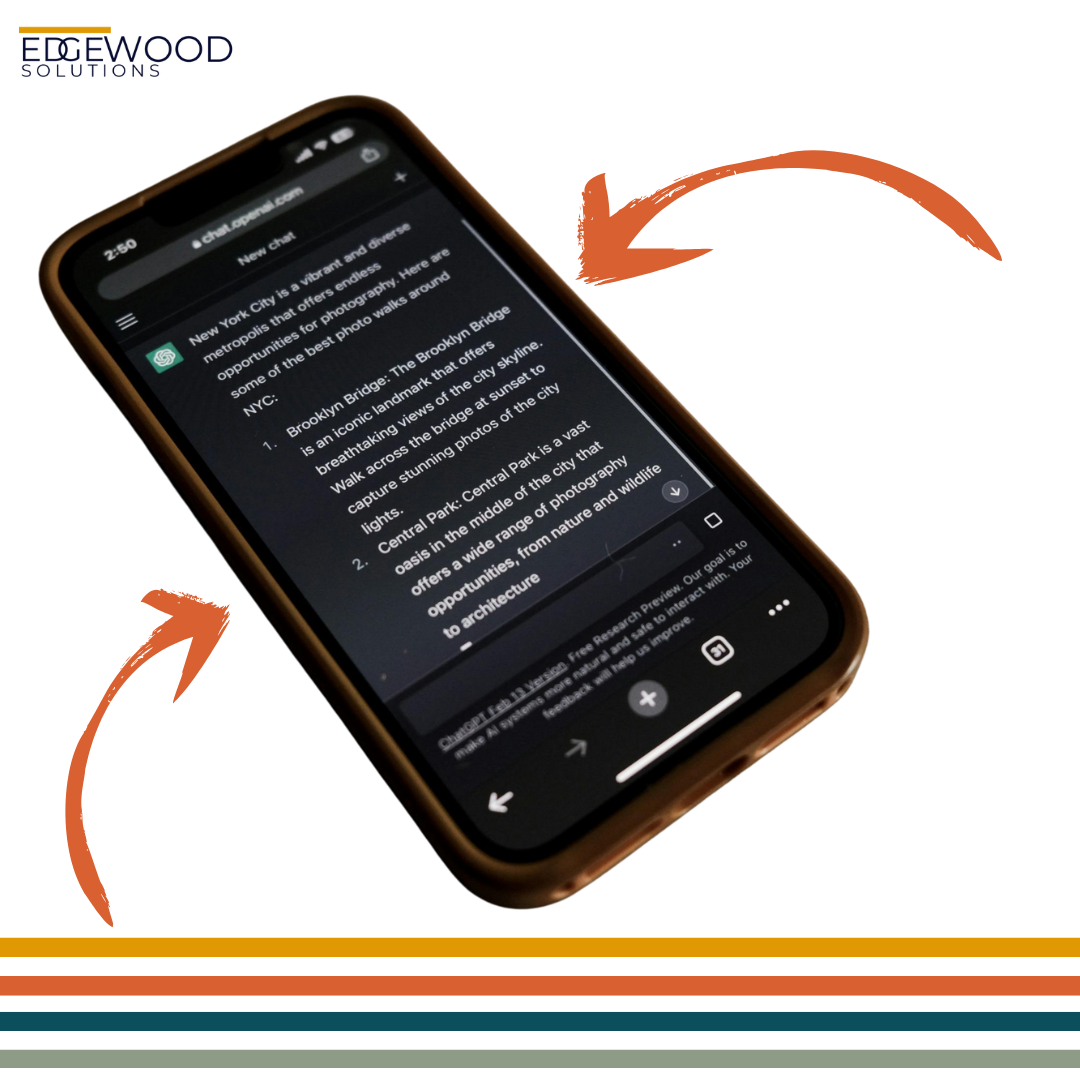 A smartphone displaying text, with arrows indicating rotation. Earth-tone color scheme with a wood-like phone case.