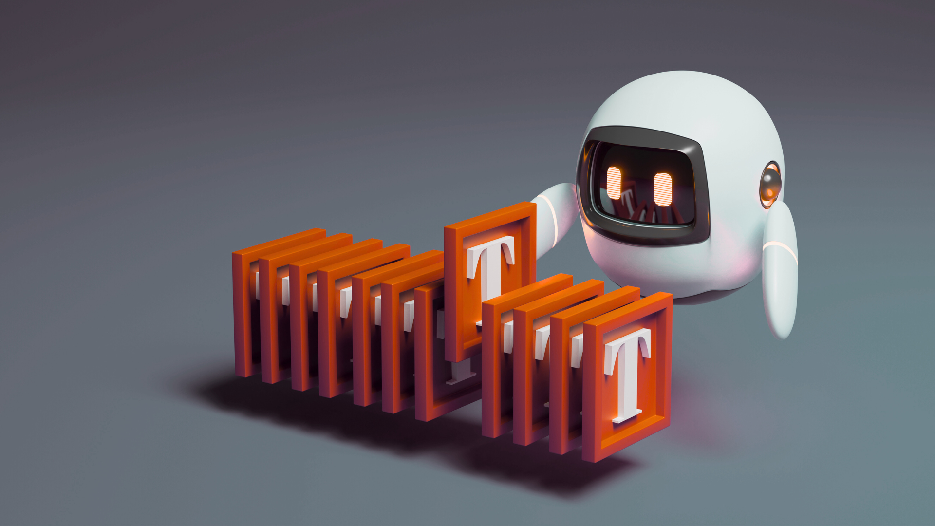 A robot is holding a bunch of blocks with the letter t on them.