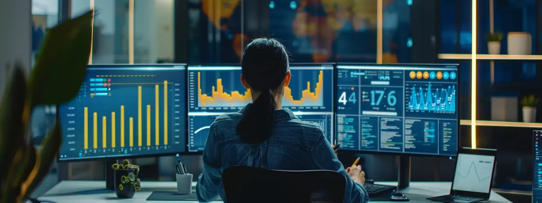 A woman is sitting at a desk in front of three computer monitors.