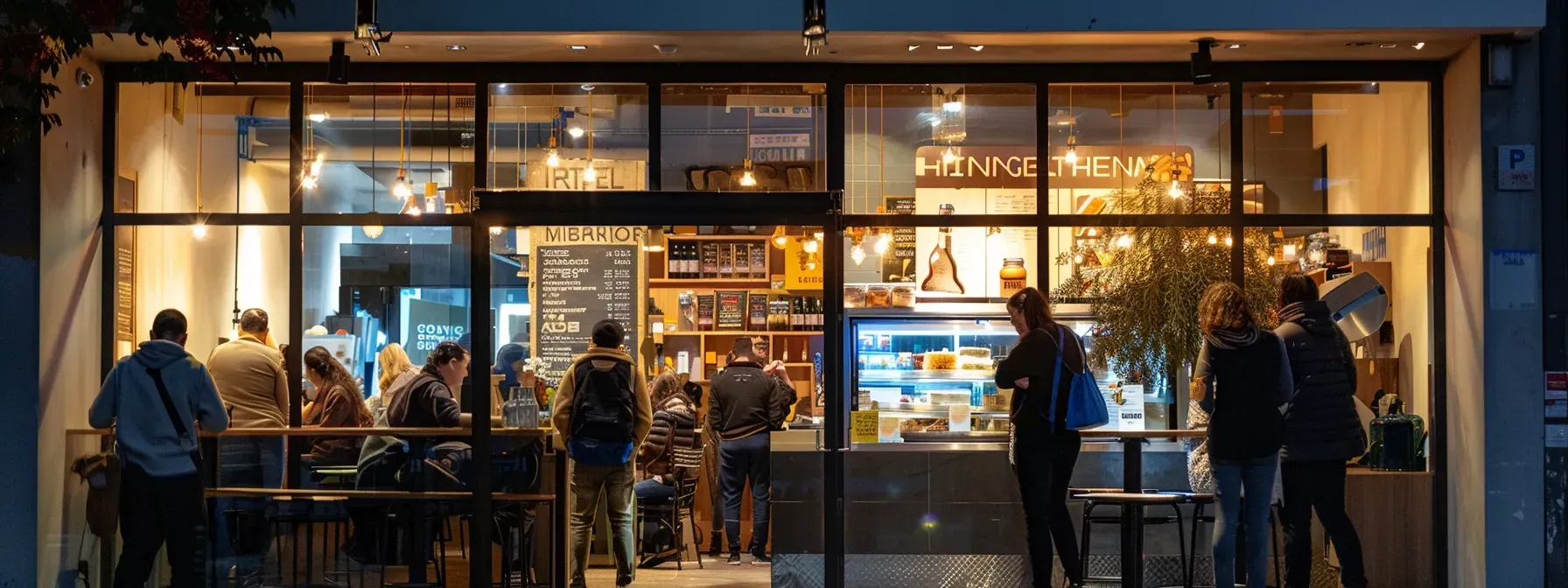 A group of people are standing outside of a restaurant at night.